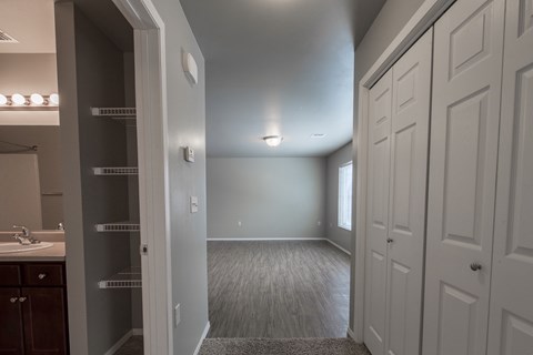 an empty bedroom with a closet and a sink and a window