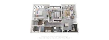 A 3D floor plan of a house with a living room, kitchen, and bathroom.