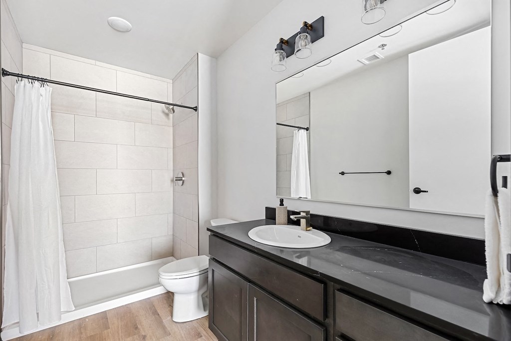 A bathroom with a white toilet, a sink, and a shower.