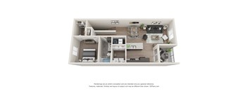A 3D floor plan of a house with a kitchen, living room, and two bedrooms.