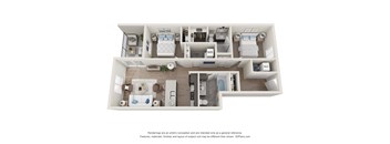 A 3D floor plan of a small apartment with a kitchen, living room, and bedrooms.
