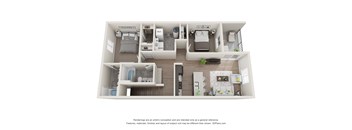 A 3D floor plan of a small apartment with a kitchen, living room, and bedrooms.