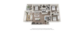 A 3D floor plan of a house with labeled rooms.