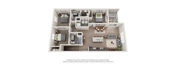A 3D floor plan of a house with multiple bedrooms and a living area.