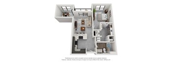 A 3D floor plan of a house with labeled rooms.