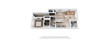 A 3D floor plan of a house with a kitchen, living room, and two bedrooms.
