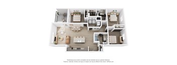 A 3D floor plan of a house with a kitchen, living room, and bedrooms.