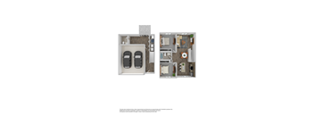 A floor plan of a small apartment with two bedrooms and a living area.
