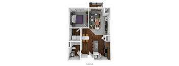 A floor plan of a small apartment with a living room, kitchen, and two bedrooms.