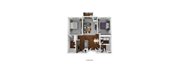 A floor plan of a small apartment with a kitchen, living room, and bedroom.