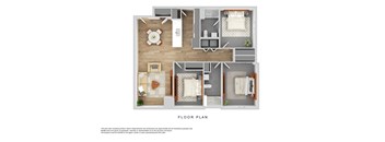 A floor plan of a house with a living room, kitchen, dining room, and two bedrooms.