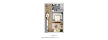 A floor plan of a small apartment with a kitchen, living room, and bathroom.