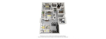 A 3D floor plan of a house with a kitchen, living room, and two bedrooms.