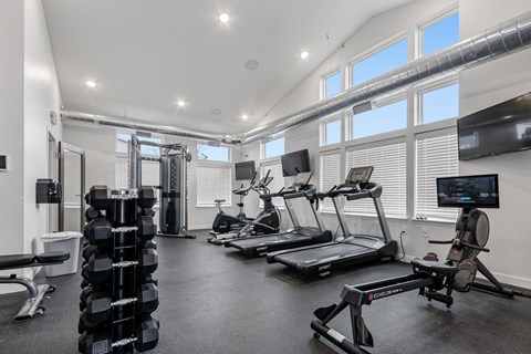A spacious gym with a variety of equipment including treadmills, weights, and a rowing machine.