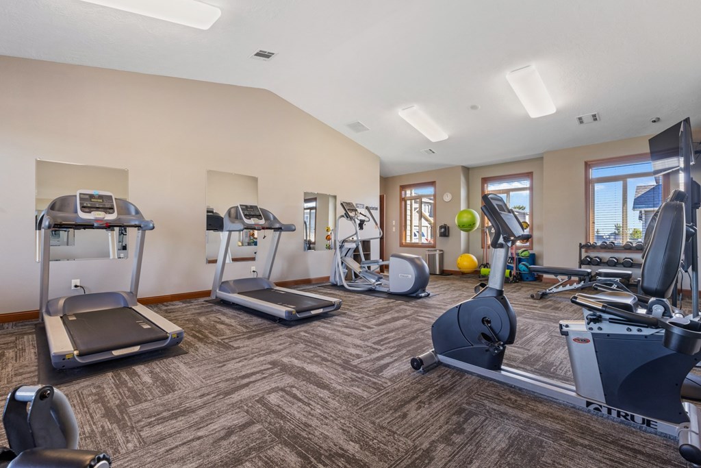 A gym with treadmills, elliptical machines, and weights.
