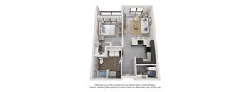 A 3D floor plan of a small apartment with two bedrooms, a living room, and a kitchen.