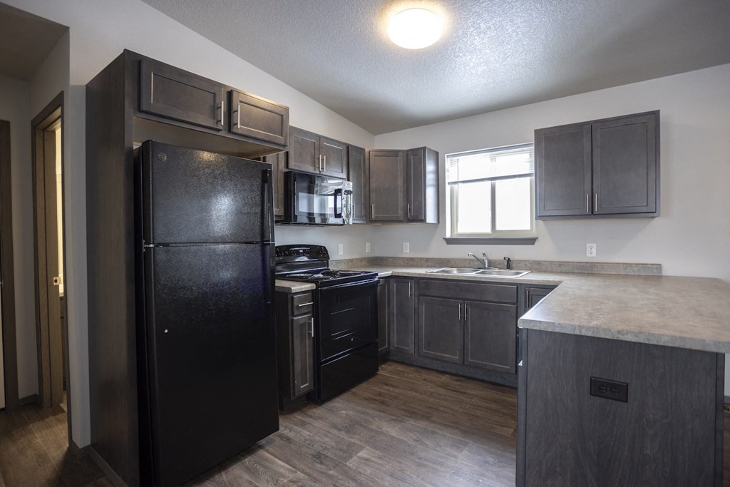 Modern open-concept kitchen and living area with black appliances.