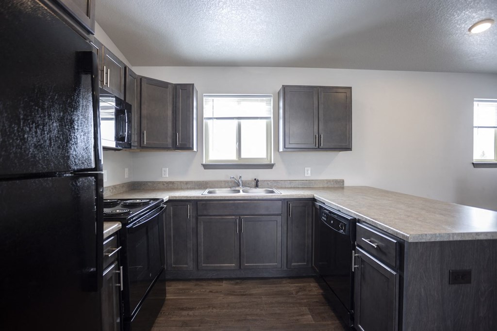 Modern open-concept kitchen and living area with black appliances.