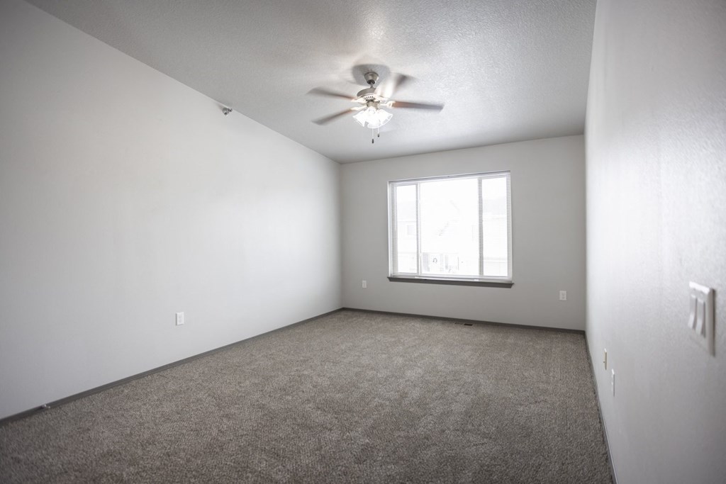 Bright, vacant bedroom with neutral walls and carpet flooring.