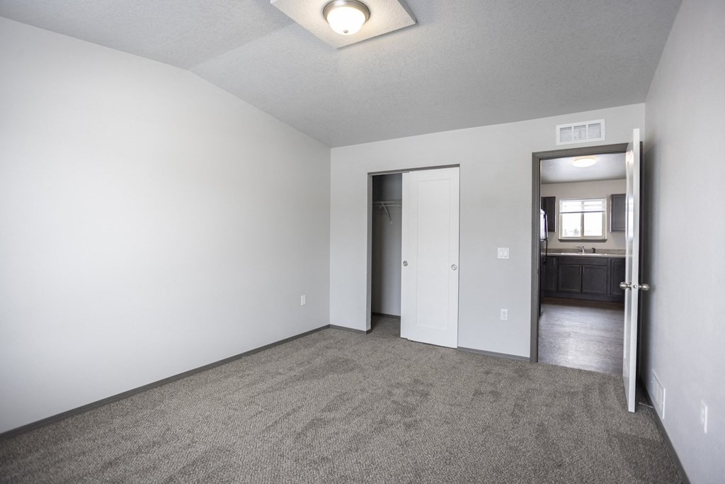 Bright, vacant bedroom with neutral walls and carpet flooring.