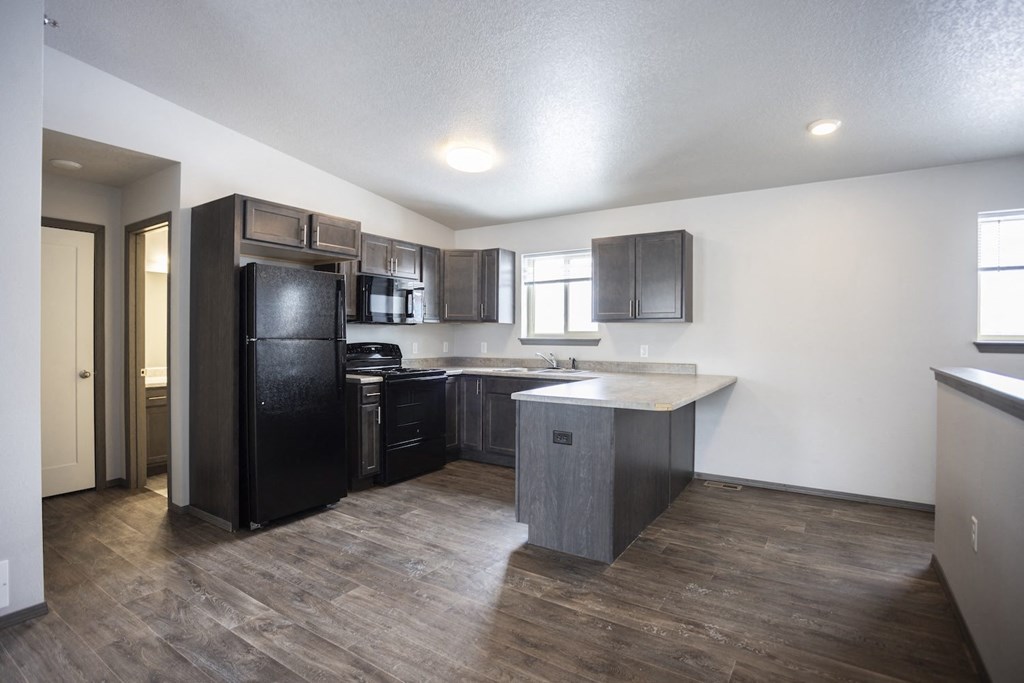 Modern open-concept kitchen and living area with black appliances.