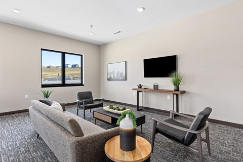 a living room with a couch and chairs and a tv