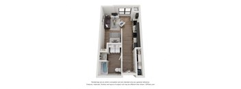 A 3D floor plan of a small apartment with a kitchen, living room, and bathroom.