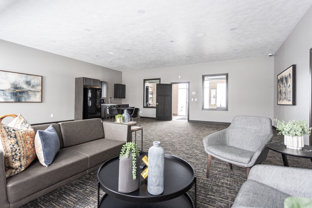 a living room with a couch and a table