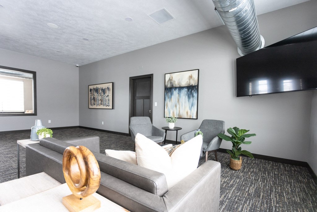 a living room with a couch and chairs and a tv