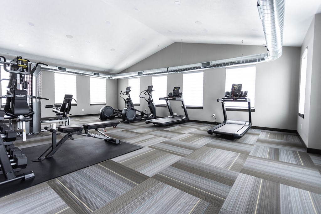 a gym with treadmills and other exercise equipment in a large room with windows
