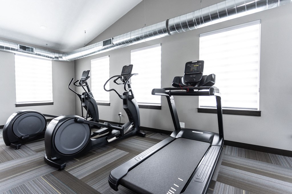two treadmills in an exercise room with three windows