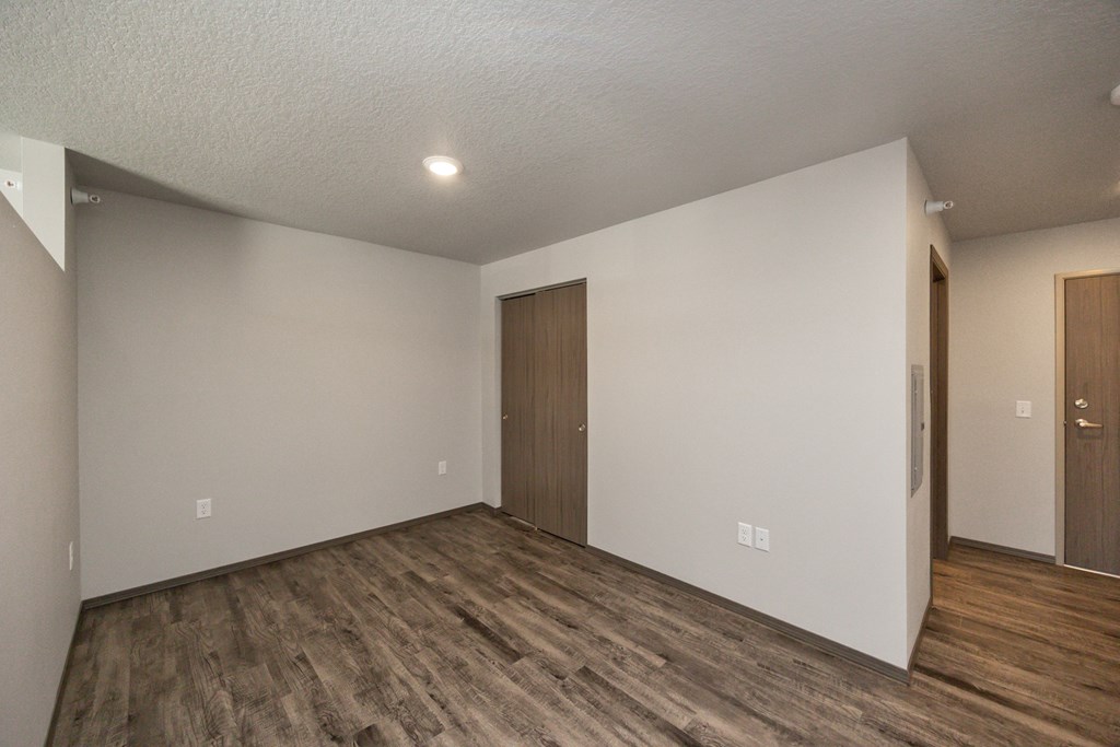A room with wooden floors and two brown doors.