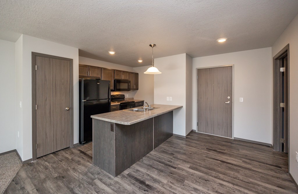 A kitchen with a wooden floor and a counter.