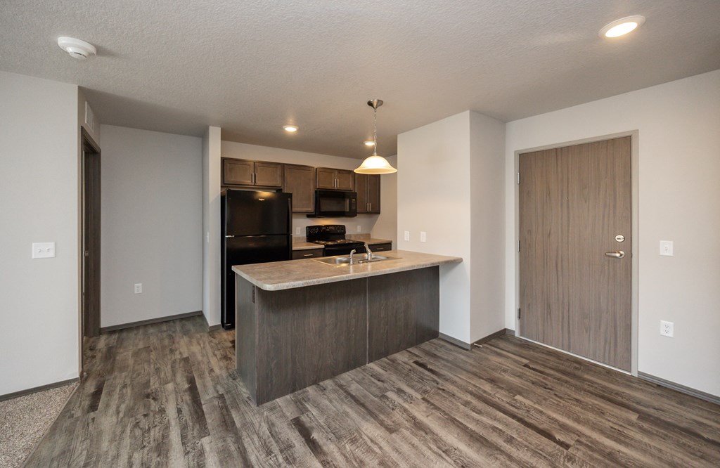 A kitchen with a wooden floor and a countertop.