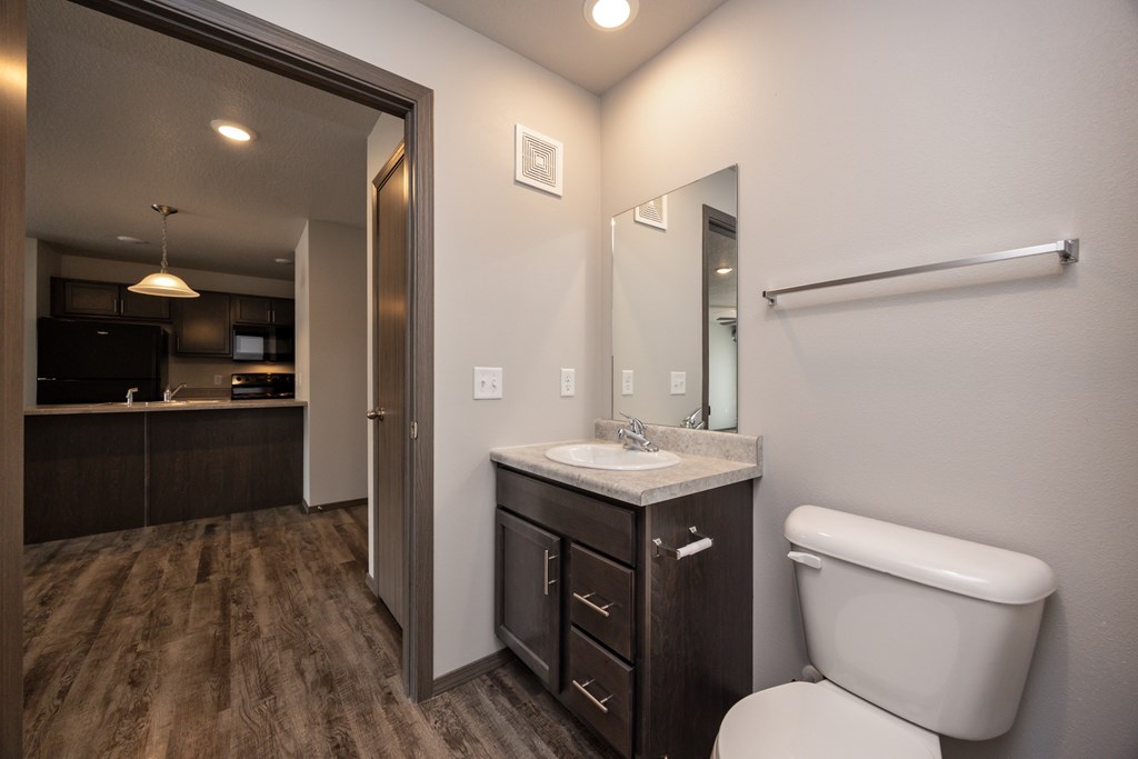 A bathroom with a toilet, sink, and mirror.