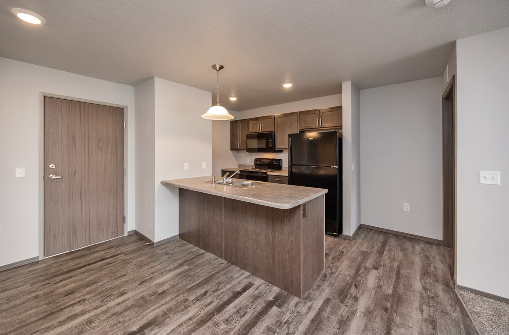 A kitchen with a wooden floor and a countertop.