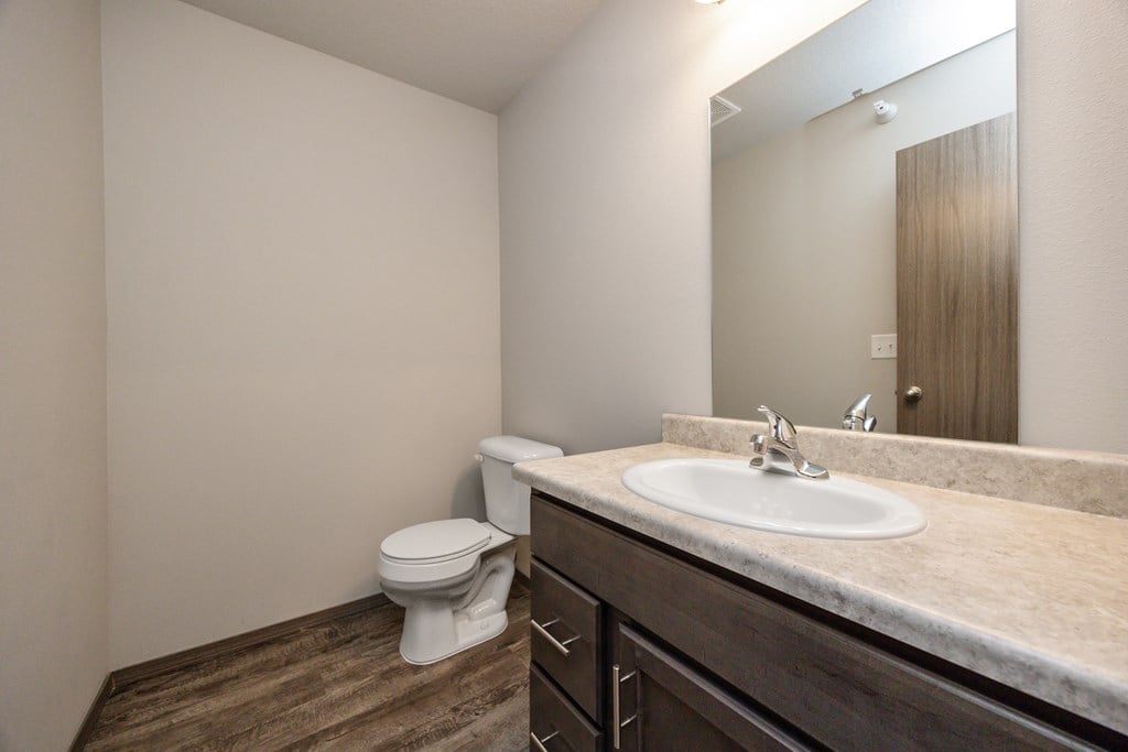 A bathroom with a toilet, sink, and mirror.