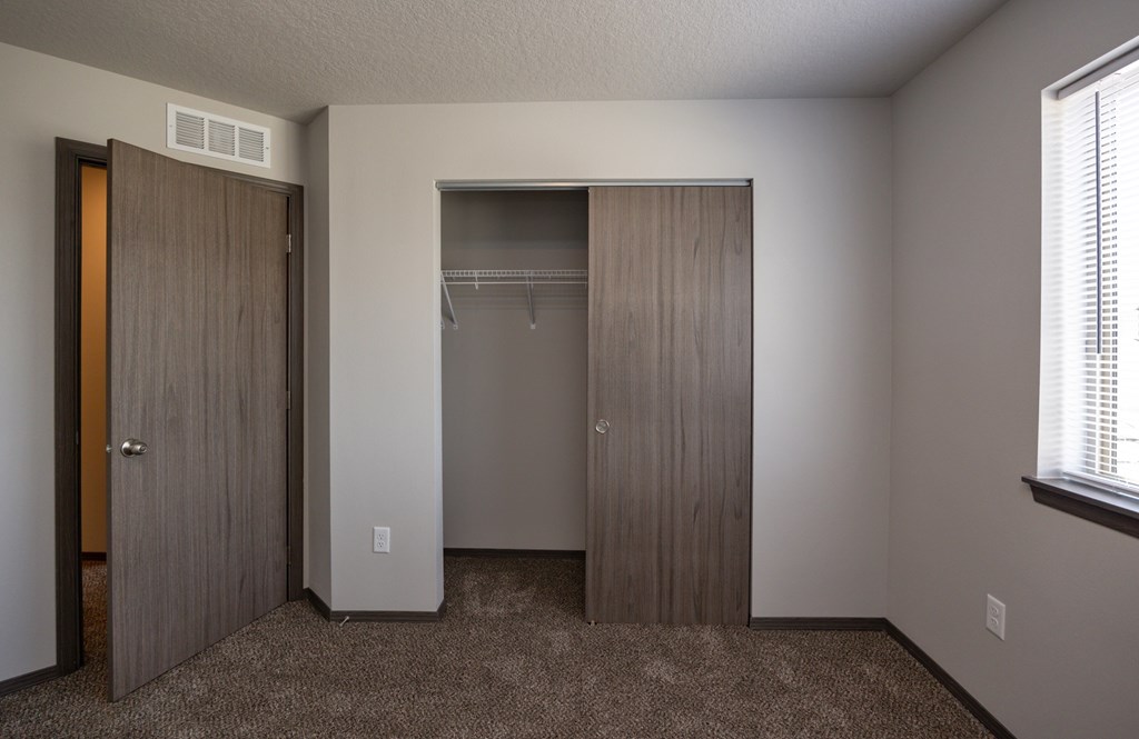 A room with a brown carpet and a brown door and wardrobe.