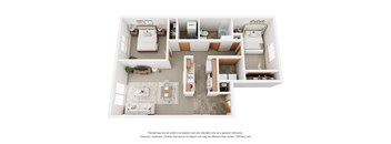 A 3D floor plan of a house with a kitchen, living room, and two bedrooms.