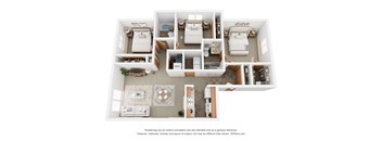 A 3D floor plan of a house with a kitchen, living room, and bedrooms.