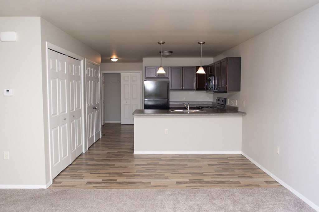 a view of a kitchen and a living room with wood flooring