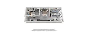 A 3D floor plan of a small apartment with a kitchen, living room, and bathroom.