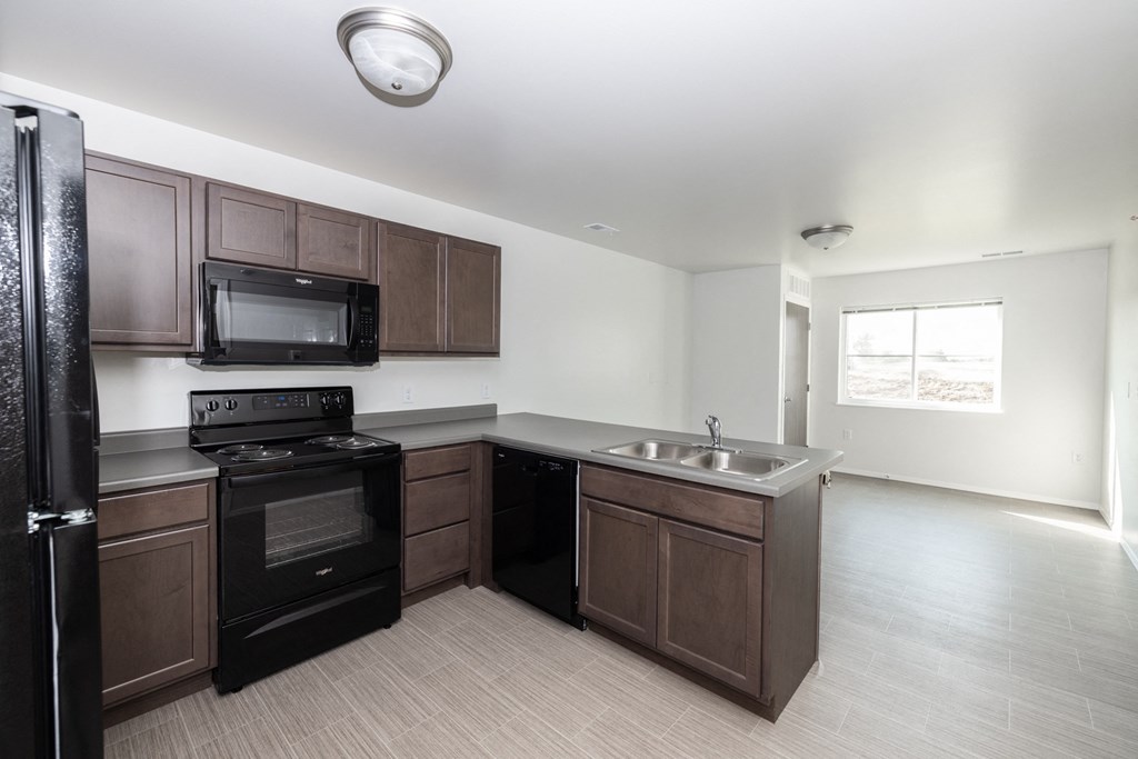 an empty kitchen with dark wood cabinets and black appliances and a sink