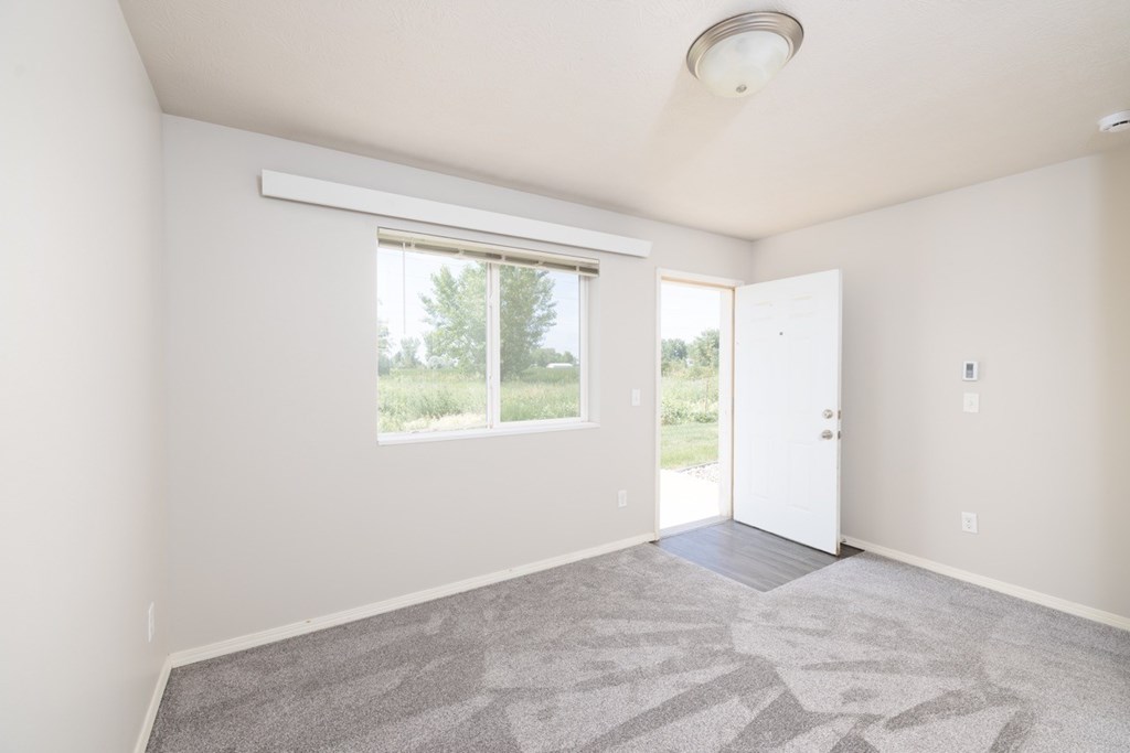 A room with a carpeted floor and a window.