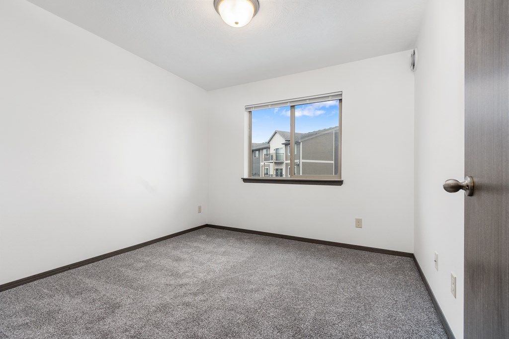 A room with a carpeted floor and a window showing a building outside.
