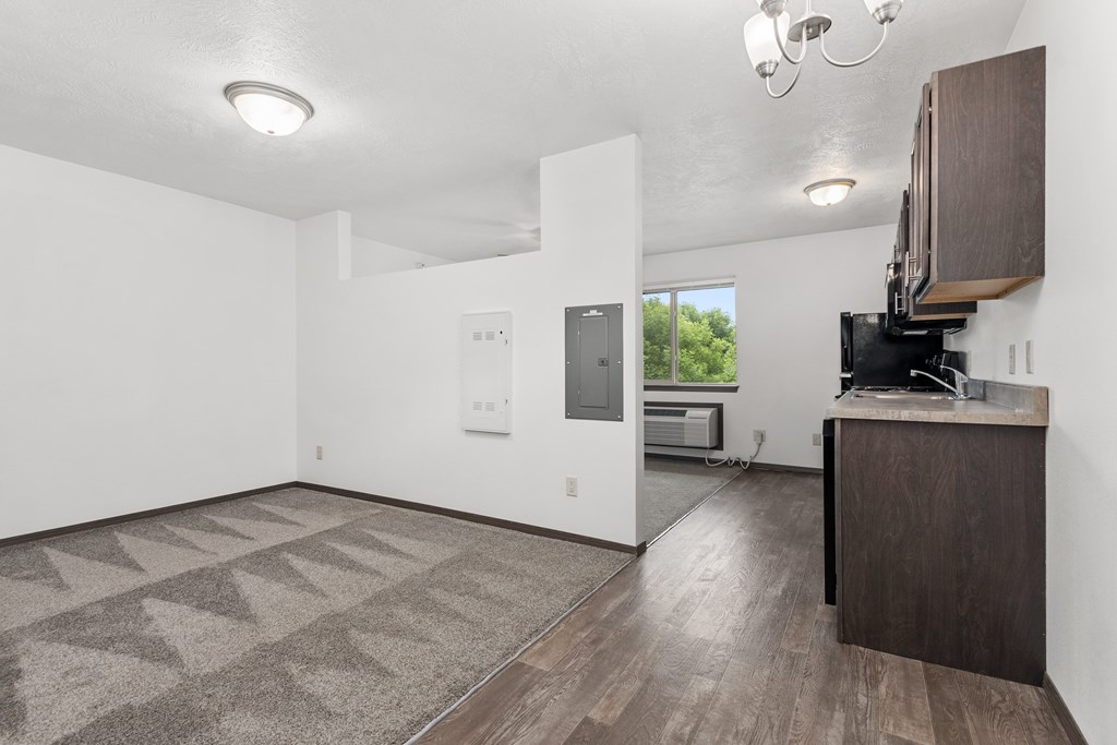 A spacious room with a patterned carpet and a wooden cabinet.