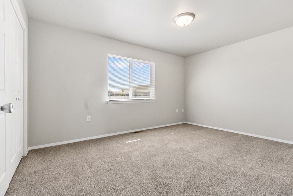 A room with a carpeted floor and a window.