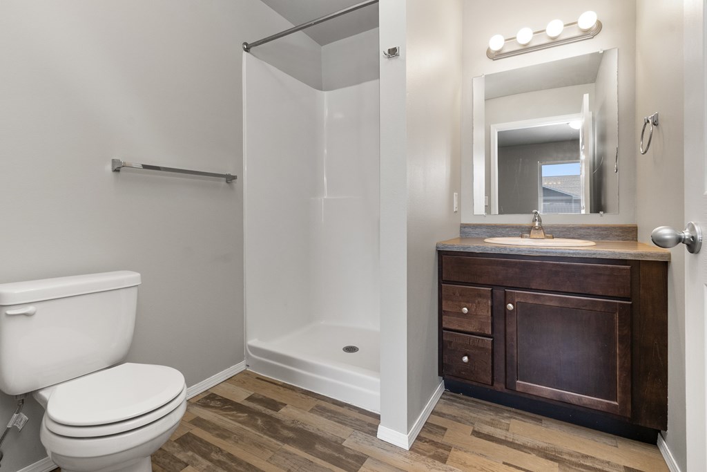 A white toilet sits next to a walk-in shower in a bathroom.