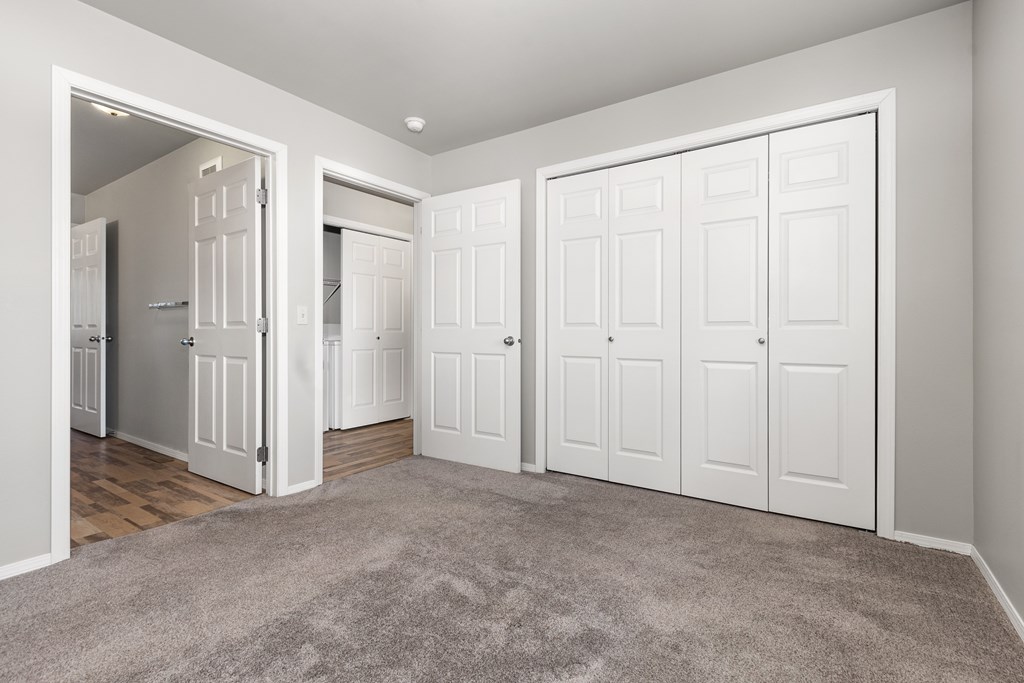 A room with white doors and a carpeted floor.