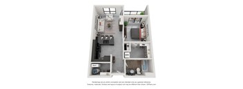 A 3D floor plan of a small apartment with a kitchen, living room, and bedroom.